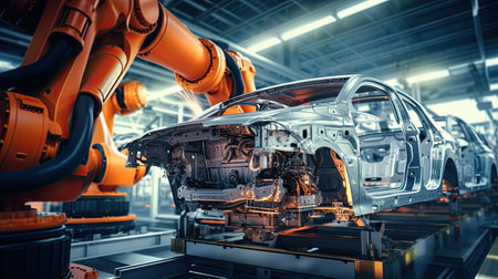 Automobile manufacturing plants with robotic arms are fully automated. Inside the modern factoryの素材