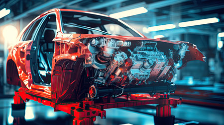 Automobile manufacturing plants with robotic arms are fully automated. Inside the modern factoryの素材