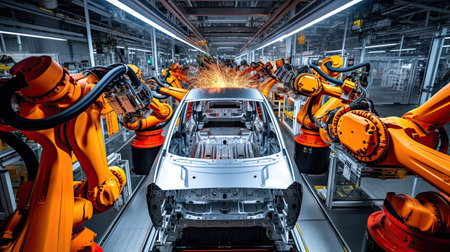 Automobile manufacturing plants with robotic arms are fully automated. Inside the modern factoryの素材
