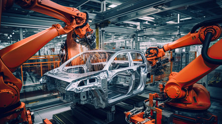 Automobile manufacturing plants with robotic arms are fully automated. Inside the modern factoryの素材
