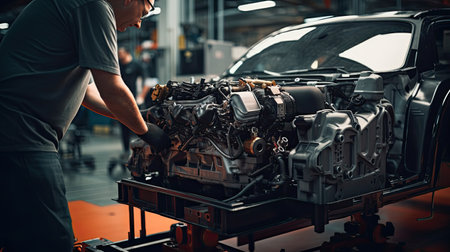 A mechanic in a car factory is installing engines for cars on the production line inside the factory.の素材