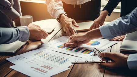 Close-up view of a group of people working that are meeting together with diagrams, sales charts, various reports in businessの素材