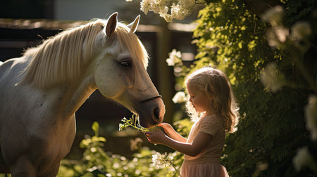 horse and kid play together in the gardenの素材