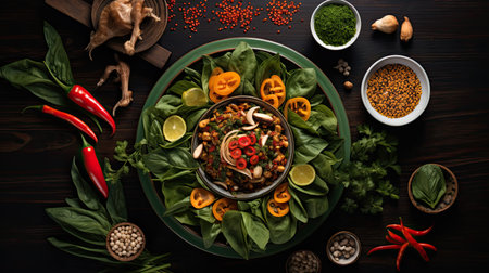 flat lay of Thai cuisine Chicken coconut milk soup with fresh ingredients and accompanied by the essential mortar culinary craftsmanshipの素材