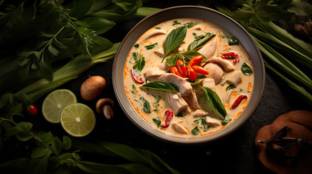 flat lay of Thai cuisine Chicken coconut milk soup with fresh ingredients and accompanied by the essential mortar culinary craftsmanshipの素材