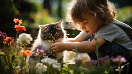 cat and autistic children play together in the gardenの素材