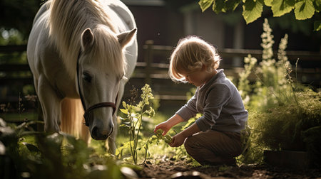 horse and kid play together in the gardenの素材