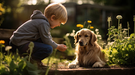 dog puppy and autistic children play togetherの素材
