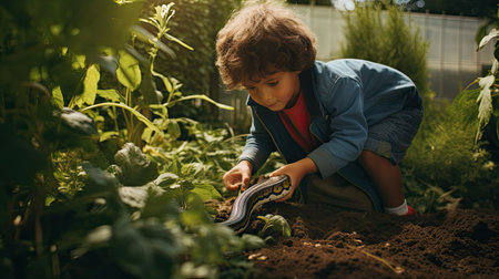 snake and autistic children in the gardenの素材