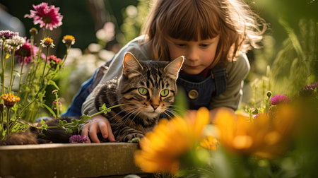 cat and autistic children play together in the gardenの素材