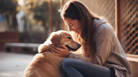 a older woman petting her dog during an animal assisted learning programの素材