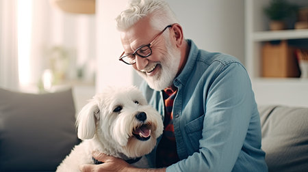 older man petting his dog for friend in house aloneの素材