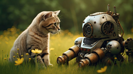 A little cat plays with a robot. In a warm on fieldの素材