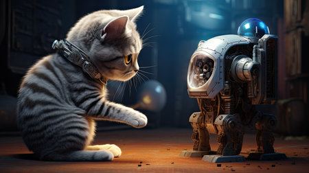 A little cat plays with a robot. In a warm on fieldの素材