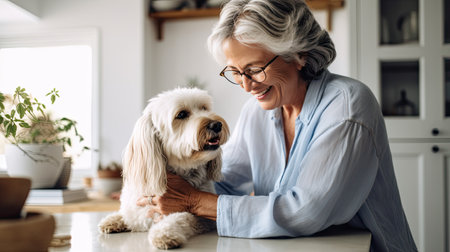a older woman petting her dog during an animal assisted learning programの素材