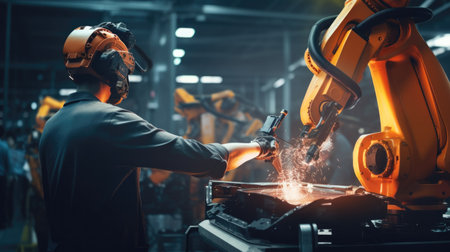 Technician worker using tablet controlling robot in factoryの素材
