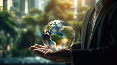 crystal glass globe ball and green energy in hand saving the environmentの素材