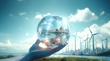 crystal glass globe ball and green energy in hand saving the environmentの素材