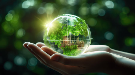 crystal glass globe ball and green energy in hand saving the environmentの素材