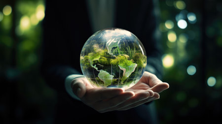 crystal glass globe ball and green energy in hand saving the environmentの素材