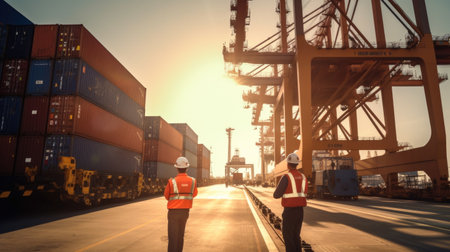worker in container yard using tablet for loading cargo container ship working with crane in ship yardの素材