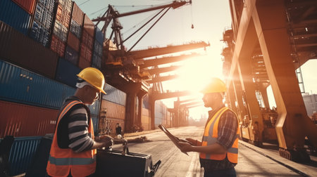 worker in container yard using tablet for loading cargo container ship working with crane in ship yardの素材