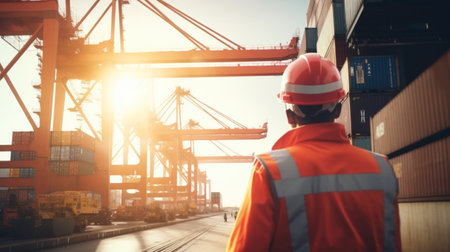 worker in container yard using tablet for loading cargo container ship working with crane in ship yardの素材