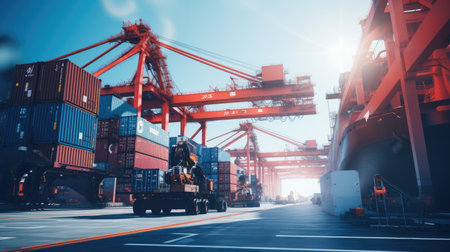sci-fi high technology robotic AI activity for loading cargo container ship working with crane in ship yardの素材