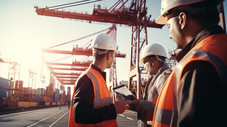 worker in container yard using tablet for loading cargo container ship working with crane in ship yardの素材