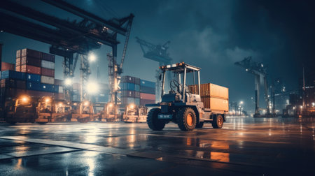 worker in container yard using tablet for loading cargo container ship working with crane in ship yardの素材