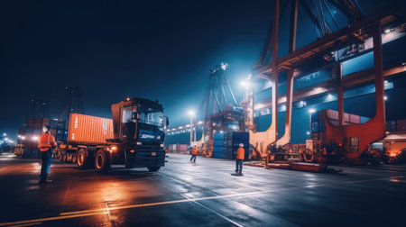 worker in container yard using tablet for loading cargo container ship working with crane in ship yardの素材