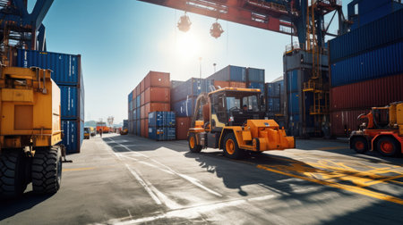 worker in container yard using tablet for loading cargo container ship working with crane in ship yardの素材