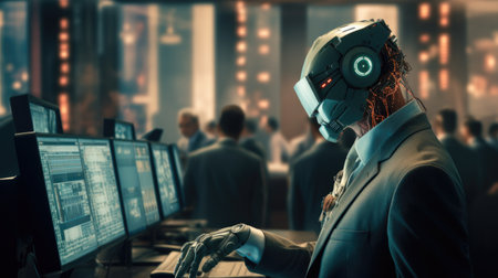 business robot man using computer for trading stock exchangeの素材