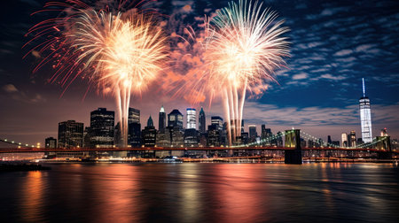 Happy New Year firework Celebration in the Big City! Wishing you a joyous and vibrant New Year filled with unforgettable moments, festivities, and the excitement of city lights.の素材