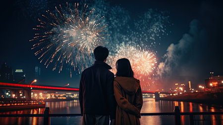 lovely couple see the firework in town together in new yearの素材
