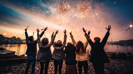 people's Celebration happy newyear! and watching fireworkの素材