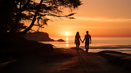 sunset and the couple walking hand in hand. Highlight the serenity of the scene and the affectionate moments between at beachの素材