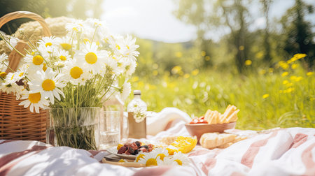 Include a well-styled picnic setup with a basket, blankets, and flowers. Capture the couple sharing food and enjoying each other's company in a natural and relaxed mannerの素材