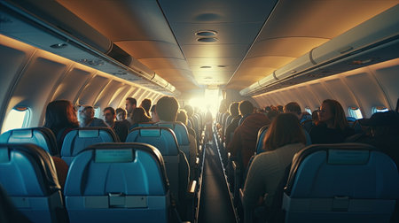 Unoccupied seats on a plane photographed from the aisleの素材