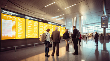 The check-in area is adorned with digital screens displaying departure information. at airportの素材