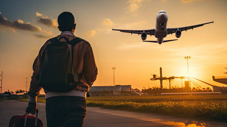 tourist man in the run way airport looking on the plane and he stand prepare to get on the planeの素材