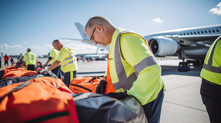 Ground crew members efficiently load luggage onto the airplane, highlighting the teamwork and precision involved in ensuring a smooth departure on the runwayの素材