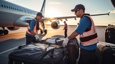 Ground crew members efficiently load luggage onto the airplane, highlighting the teamwork and precision involved in ensuring a smooth departure on the runwayの素材