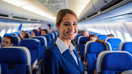A friendly flight attendant helps passengers settle into their seats and demonstrates safety proceduresの素材