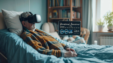 In the comfort of his bed, an elderly gentleman explores a new world through virtual reality, highlighting the impact of technology in our aging societyの素材