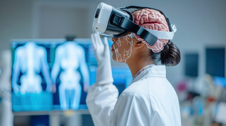 Virtual reality gear enables a medical professional to interact with a lifelike, holographic 3D anatomy hospital, revolutionizing medical education.の素材