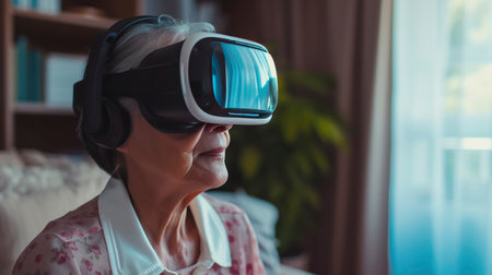 Elderly man using virtual reality at home for a doctor's examination, a 3D hologram of a doctor and medical equipment appearing in his living room, a sense of advanced healthcare without the need for a hospital visitの素材