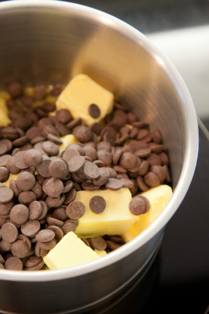 Chocolate and butter prepare for meltingの写真素材