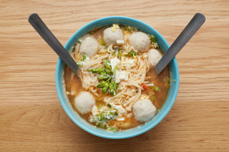 Homemade instant noodle with egg and pork ball 