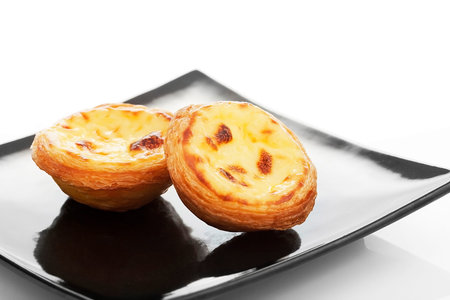 Egg tarts on black plate,close up